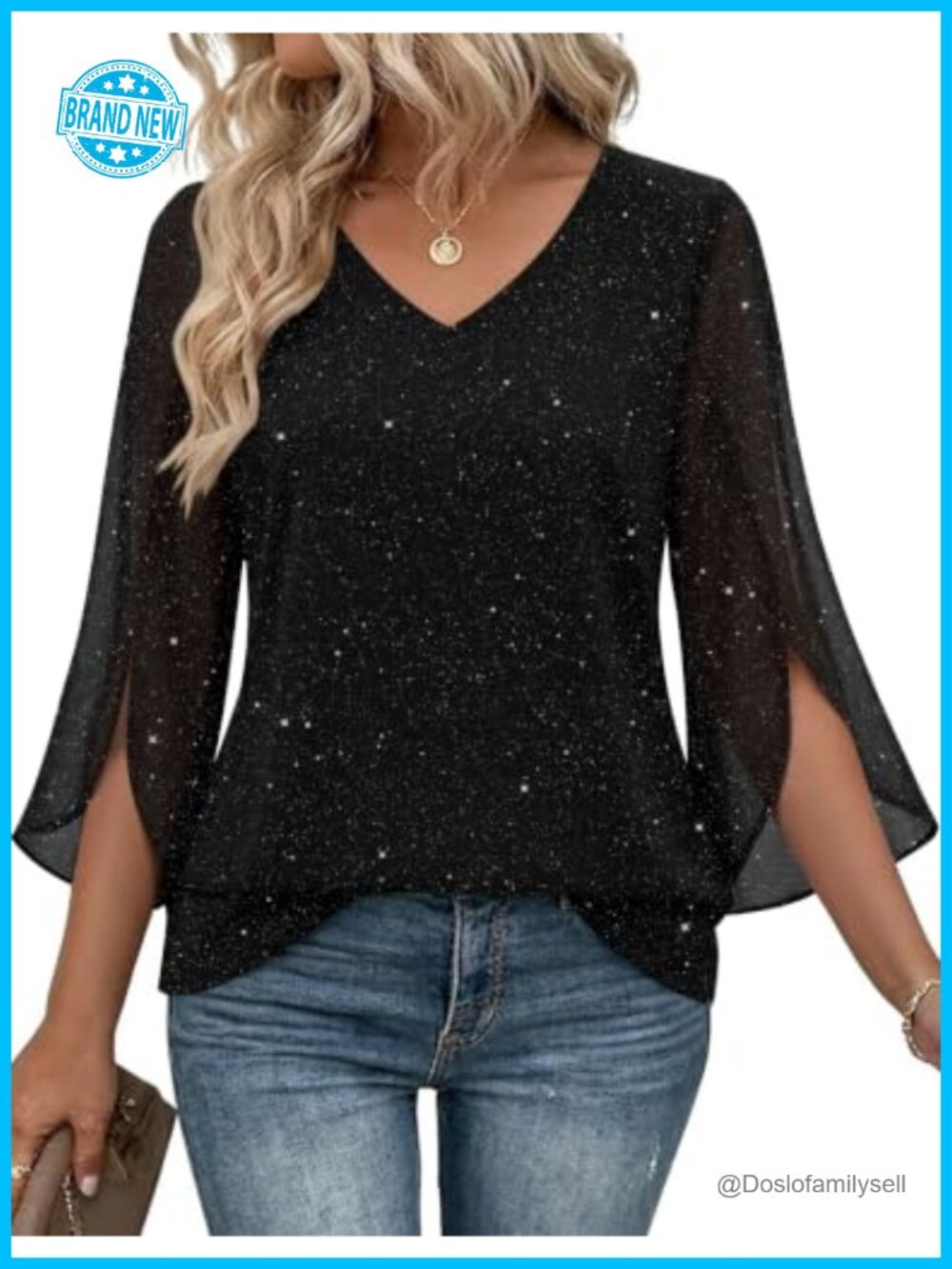 Zeagoo Women's Ruffle 3/4 Sleeve Sequin Tunic V Neck Double Layer Blouse